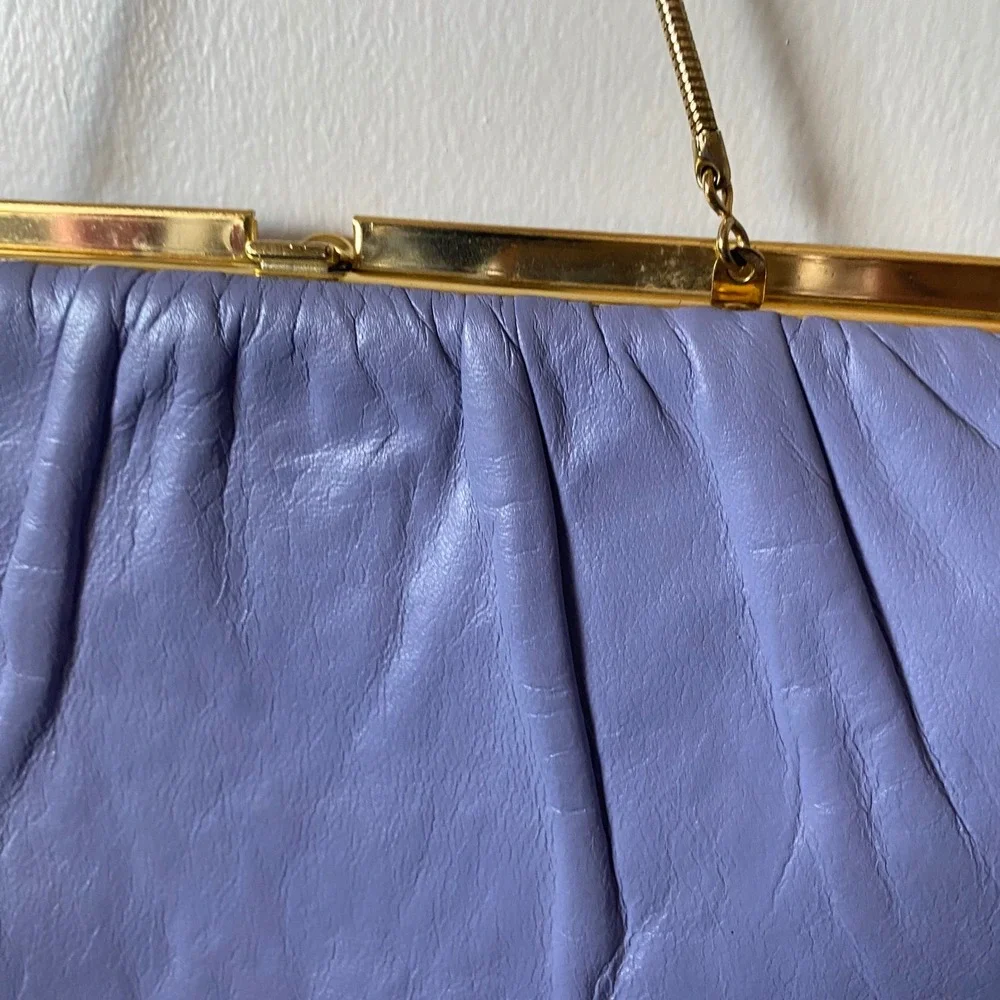 Elbief Vintage Gold Frame Periwinkle Leather Ruched Clutch Evening Bag Purse‎